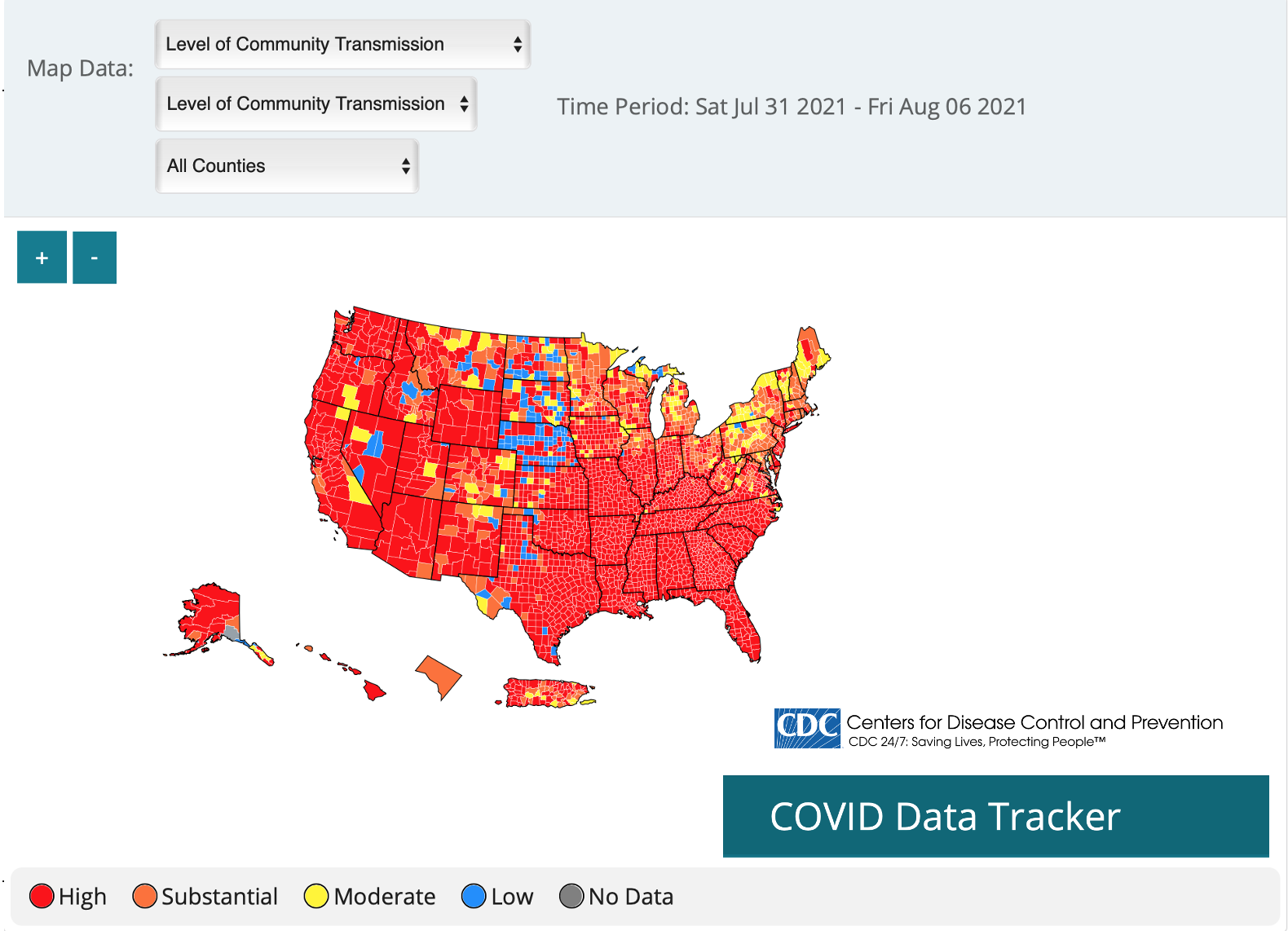 CDC map showing county-level COVID transmission